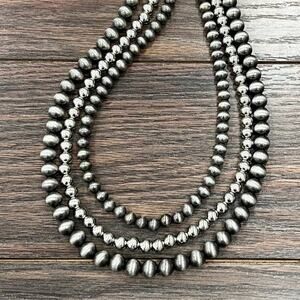 Handmade Navajo-Style 3-Strand Western Bead & Silver-Tone Necklace